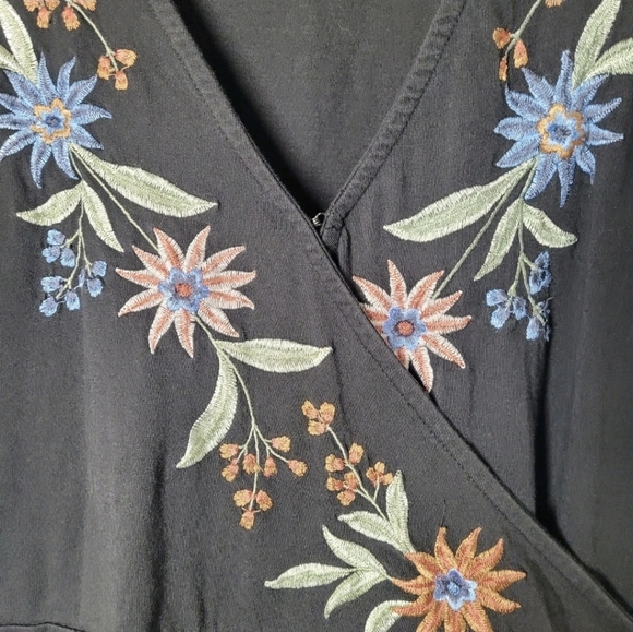 ASOS Black Embroidered Puff Sleeve Wrap Mini Dress Size 14 - Picture 10 of 12